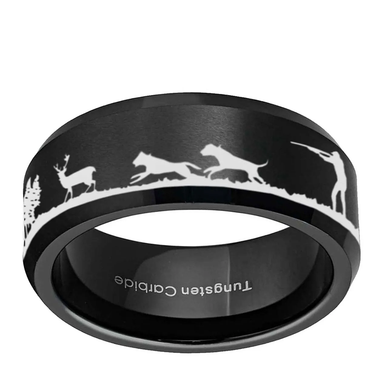 Deer Dog Hunting 8mm Beveled Edge Tungsten Ring
