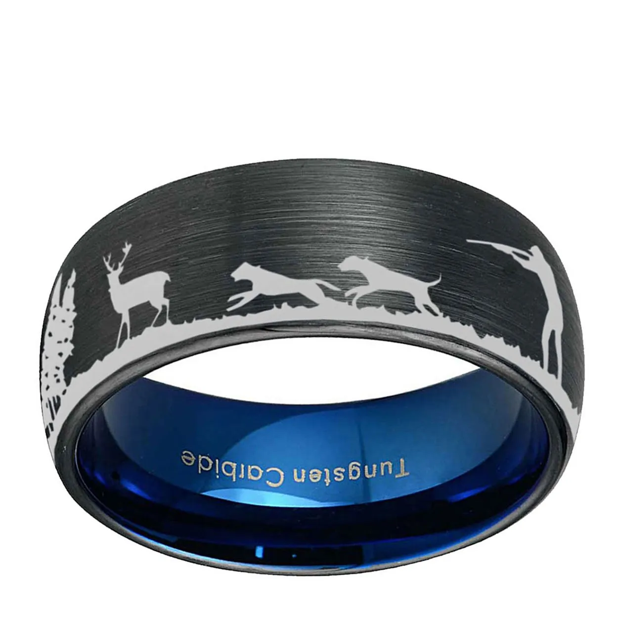Deer Dog Hunting 8mm Dome Tungsten Ring Black Blue