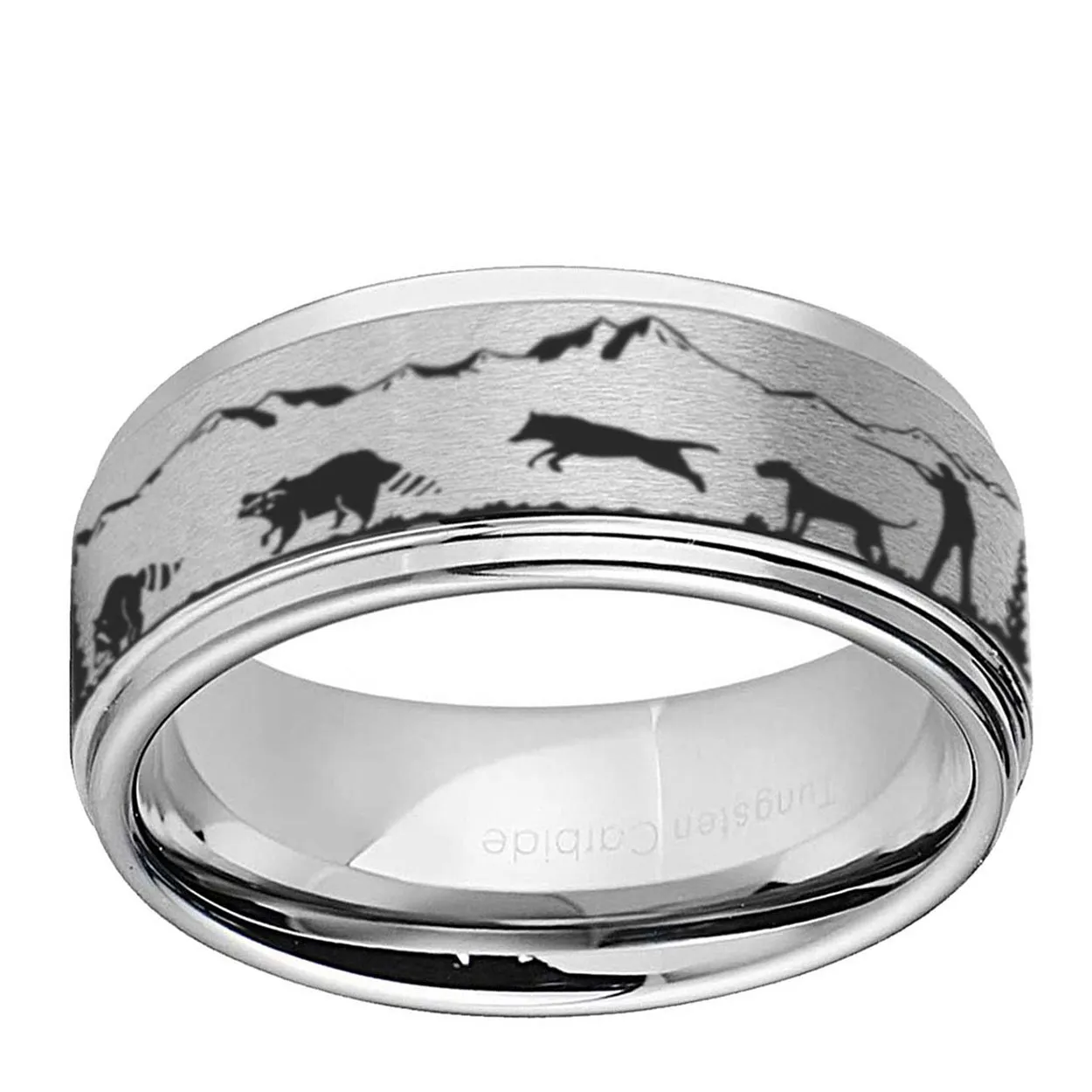 Raccoon Hunting Dog 8mm Step Edge Tungsten Ring Gray