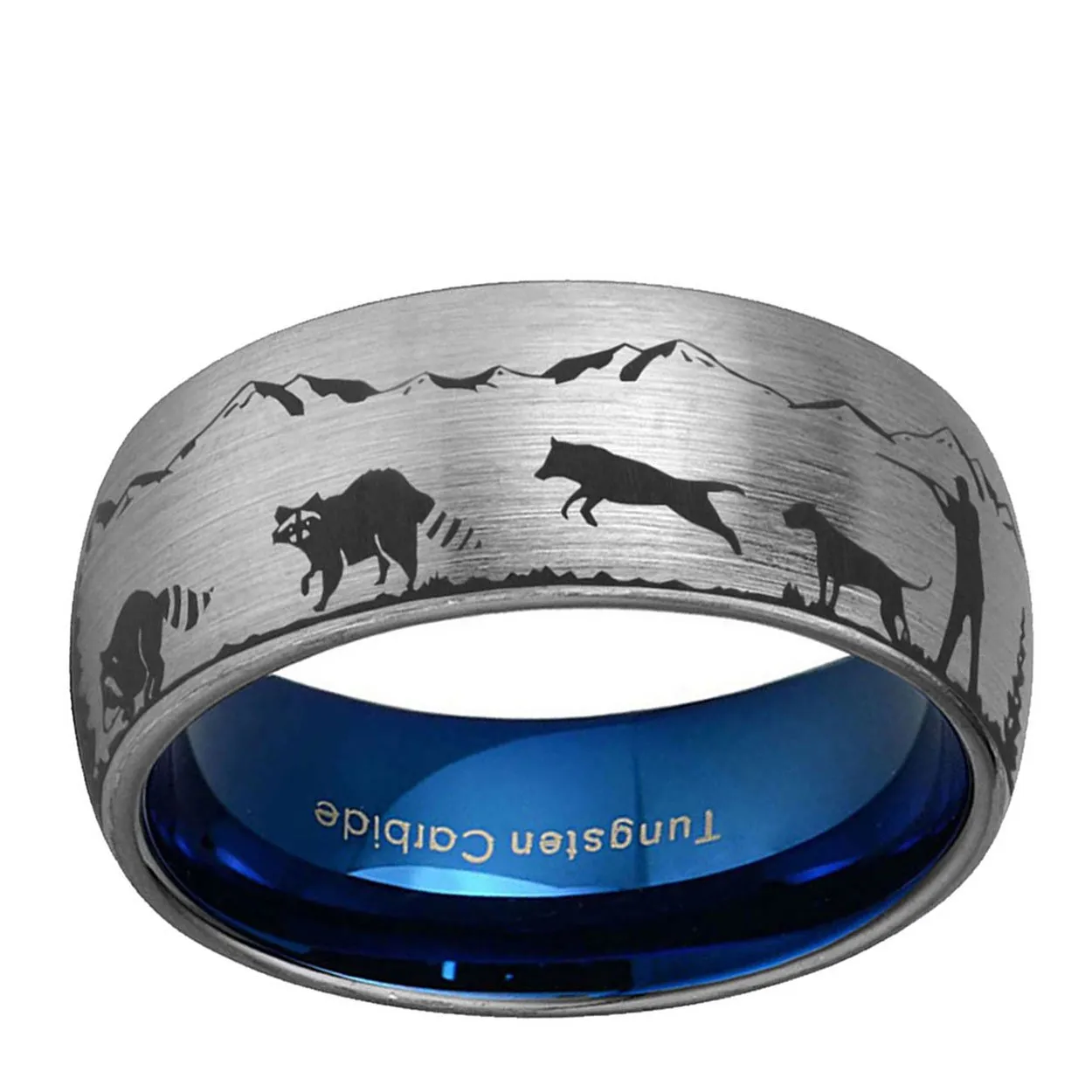 Raccoon Hunting Dog 8mm Dome Tungsten Ring Gray Blue
