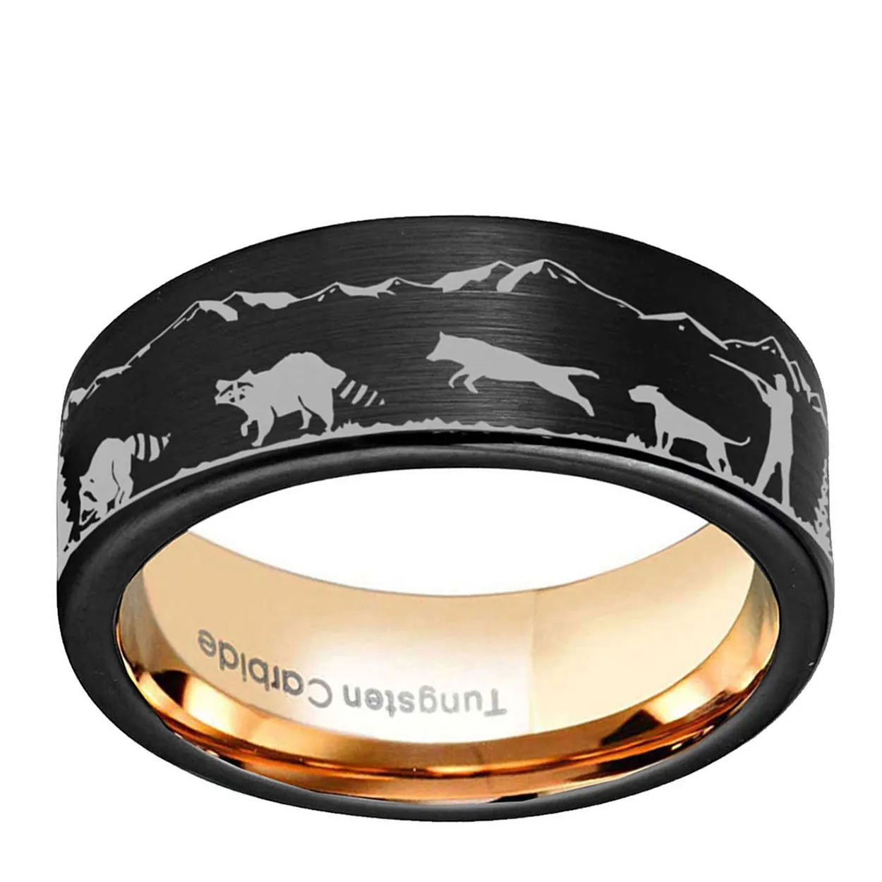 Raccoon Hunting Dog 8mm Pipe Cut Tungsten Ring Black Rose Gold
