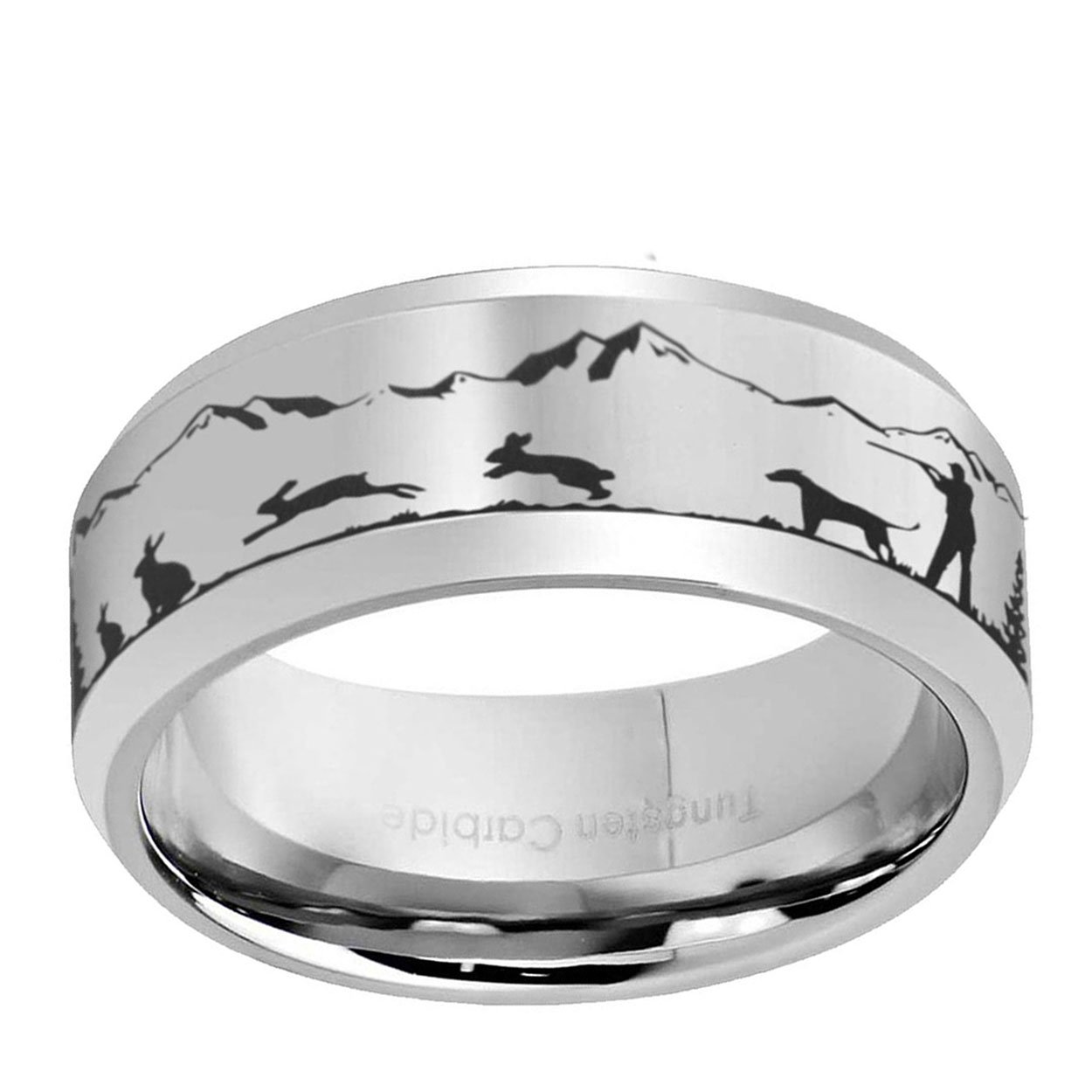 Rabbit Dog Hunting 8mm Beveled Edge Tungsten Ring
