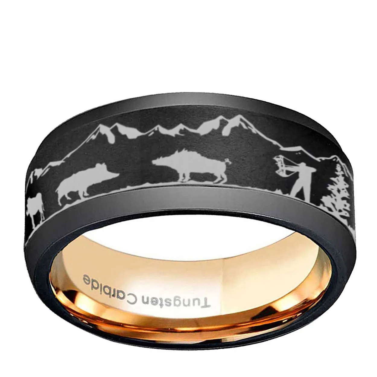 Wild Boar Hunting 8mm Beveled Edge Tungsten Ring Black Rose Gold