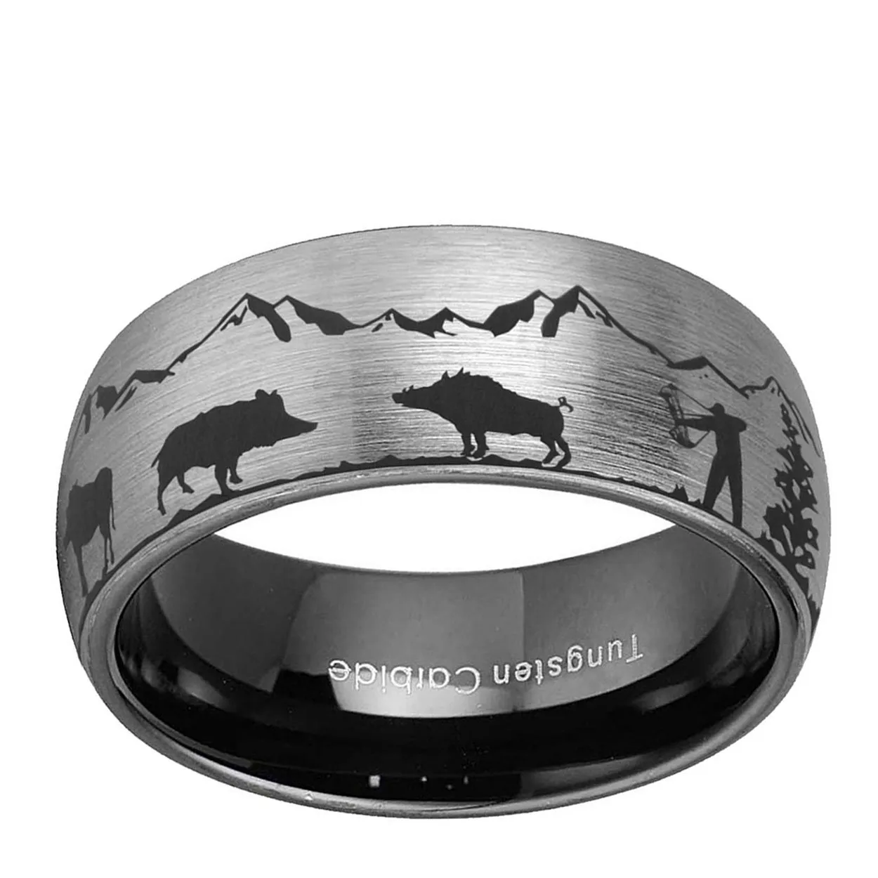 Wild Boar Hunting 8mm Dome Tungsten Ring Gray Black