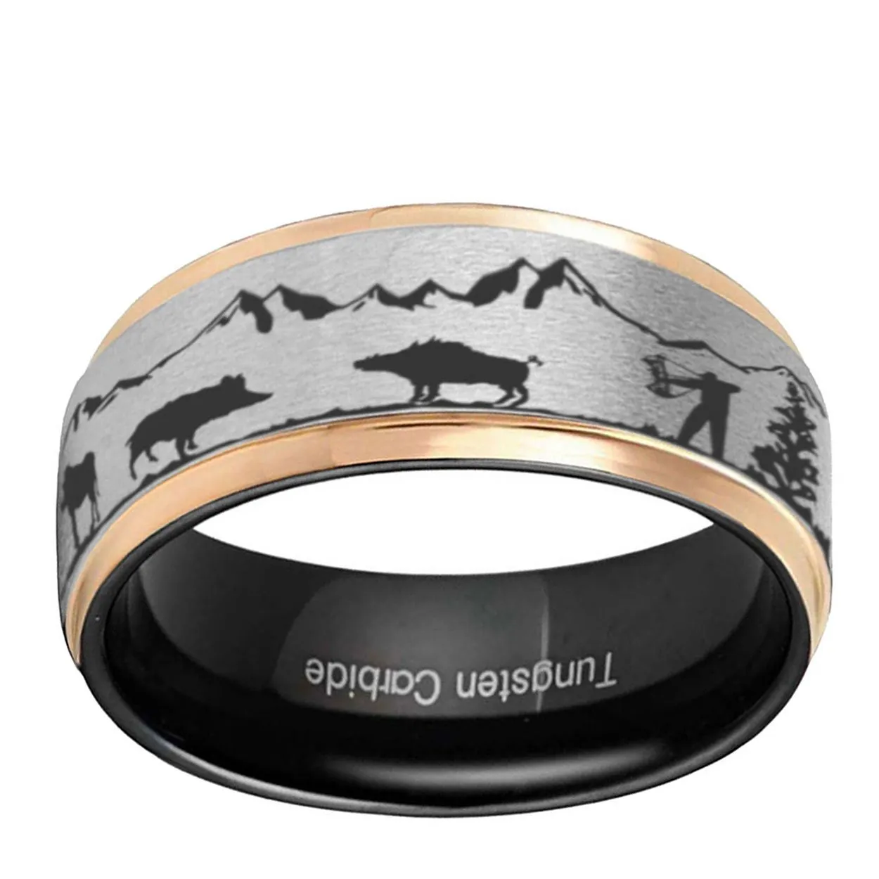 Wild Boar Hunting 8mm Step Edge Tungsten Ring Gray Rose Gold