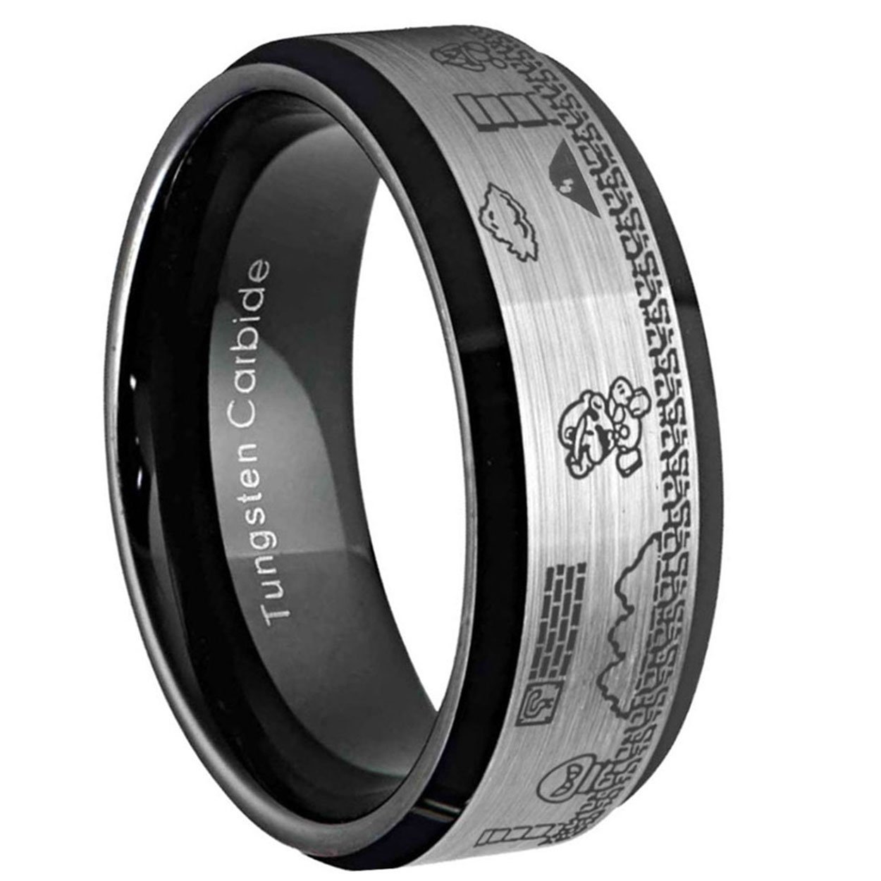 Super Mario Bro Beveled Edge Tungsten Engraved Ring