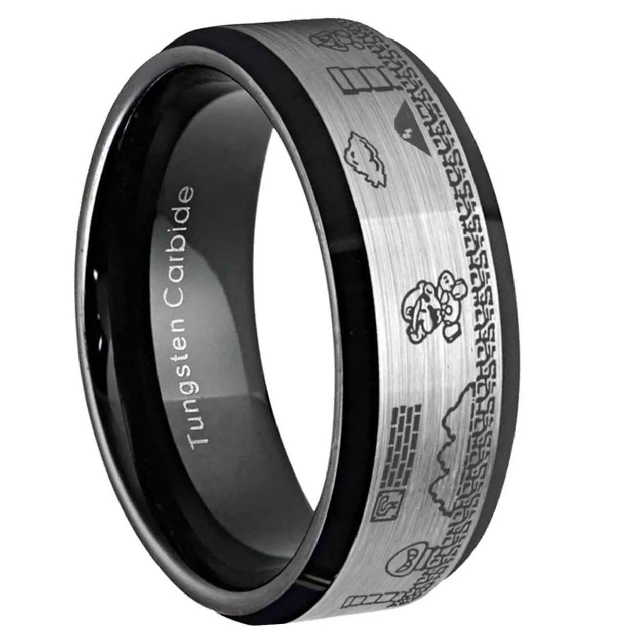 Super Mario Bro Beveled Edge Tungsten Engraved Ring