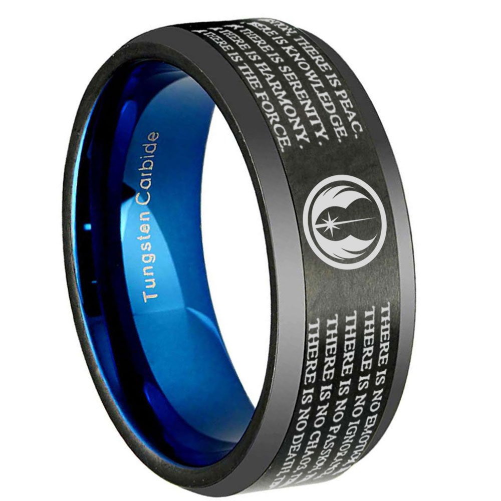Star Wars Jedi Code Beveled Edge Black and Blue Tungsten Ring