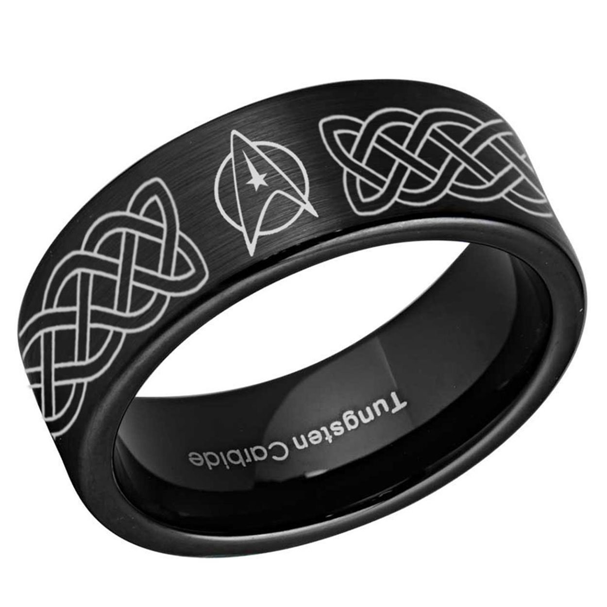 Celtic Star Trek Pipe Cut Tungsten Ring 8mm Brushed Black