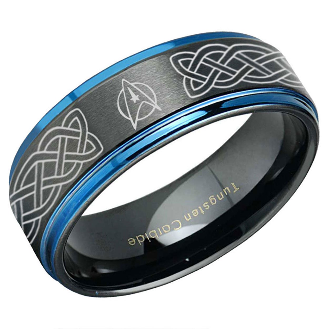 Celtic Star Trek Step Edge Tungsten Ring 8mm Black Blue