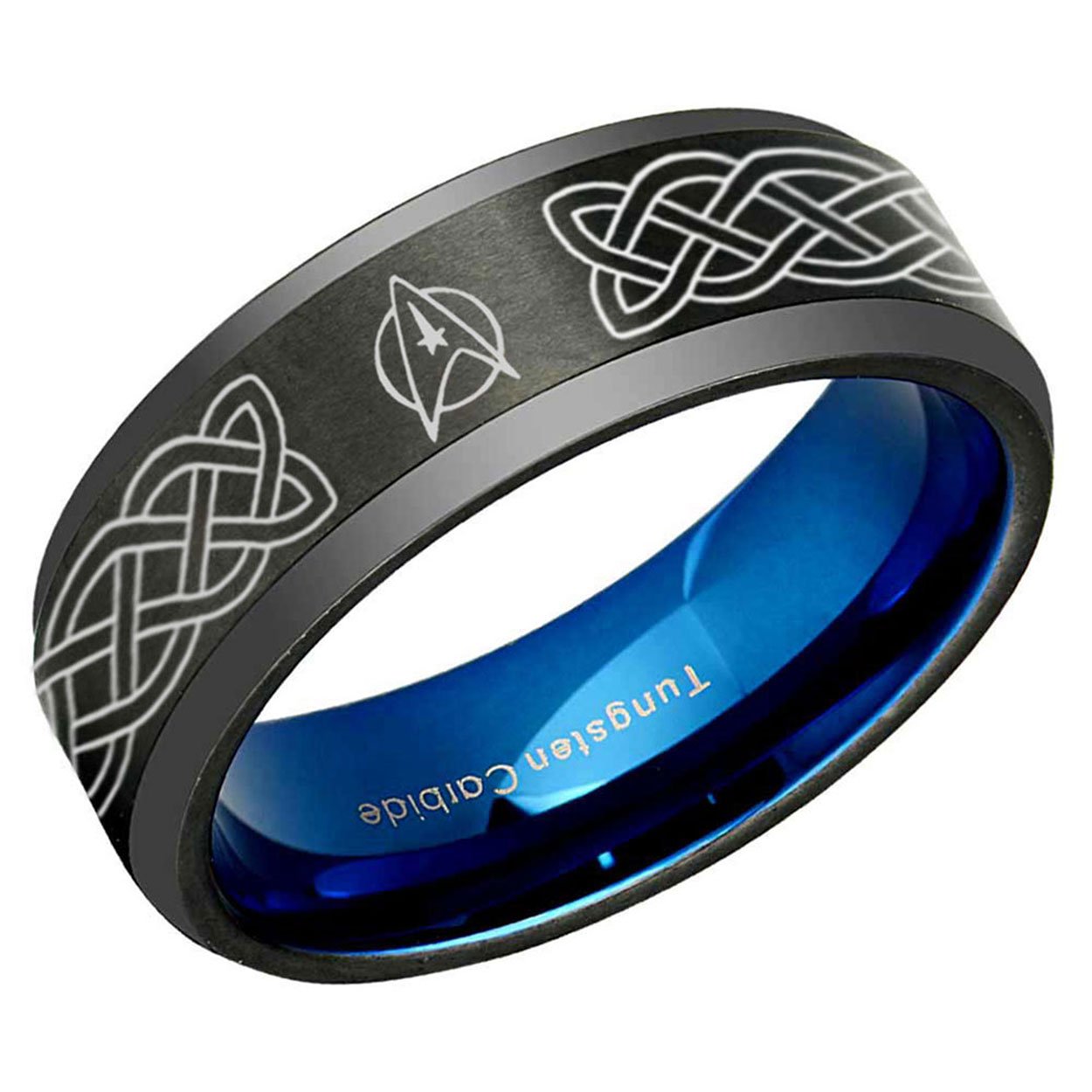Celtic Star Trek Beveled Edge Tungsten Ring 8mm Black Blue