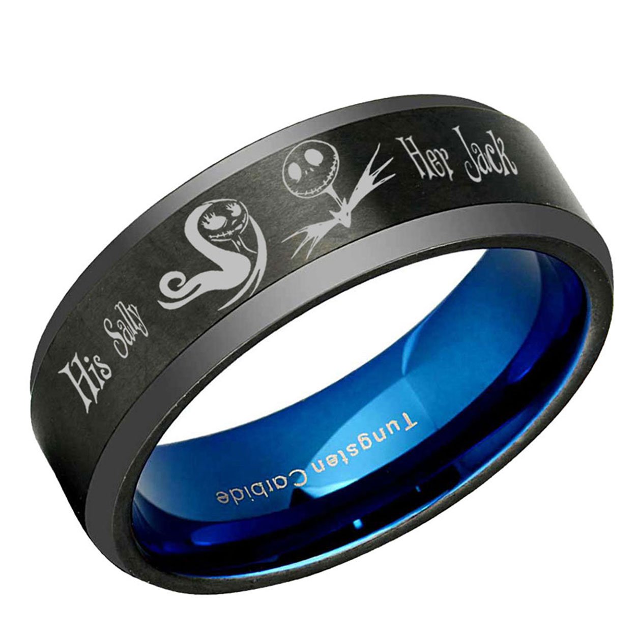 Jack and Sally Beveled Edge Tungsten Ring Black Blue 8mm