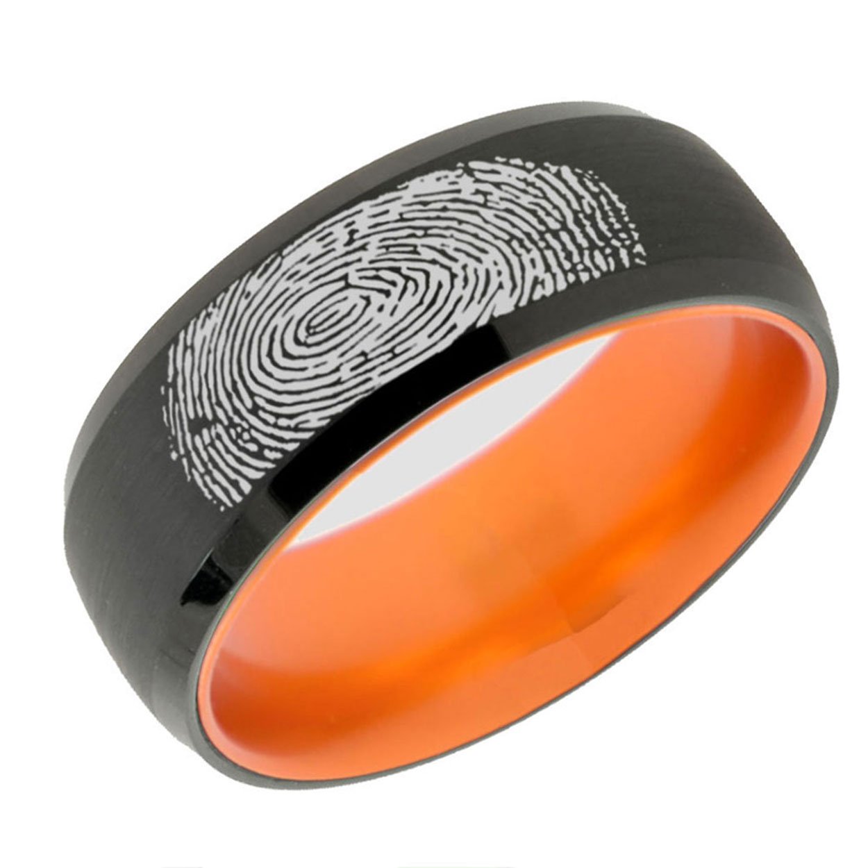 Black and Orange Dome Tungsten Carbide Engagement Band with custom fingerprint