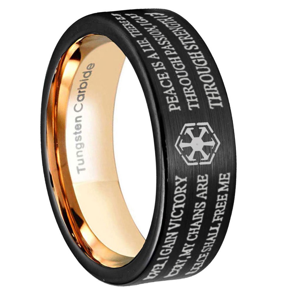 Star Wars Sith Code Pipe Cut Black and Rose Gold Tungsten Ring