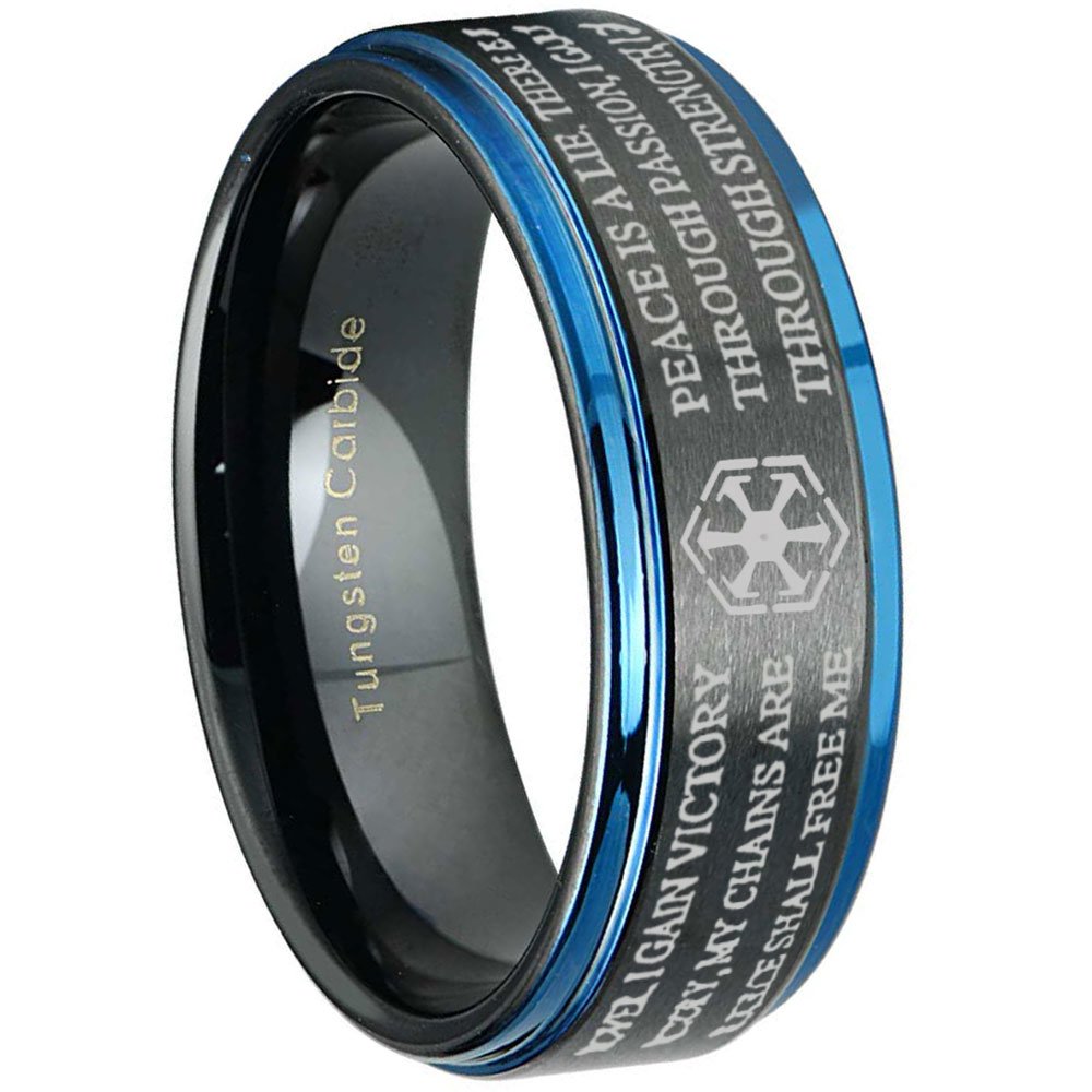 Star Wars Sith Code Step Edge Black and Blue Tungsten Ring