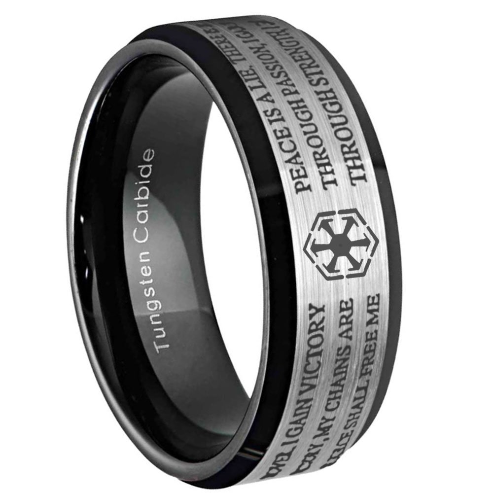 Star Wars Sith Code Beveled Edge Gray and Black Tungsten Ring