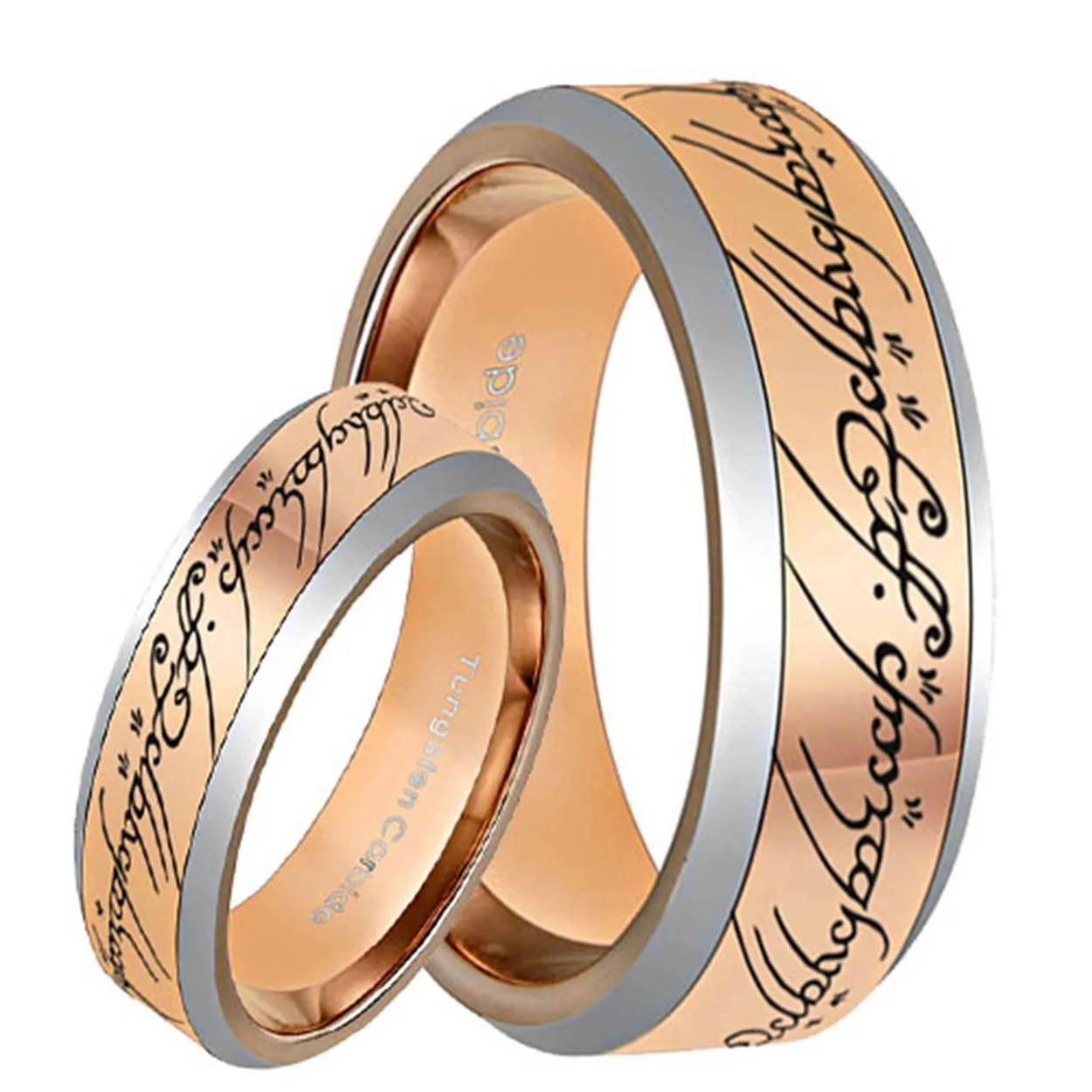 Lord of the Rings Bevel Rose Gold Tungsten His and Hers Engagement Ring Set