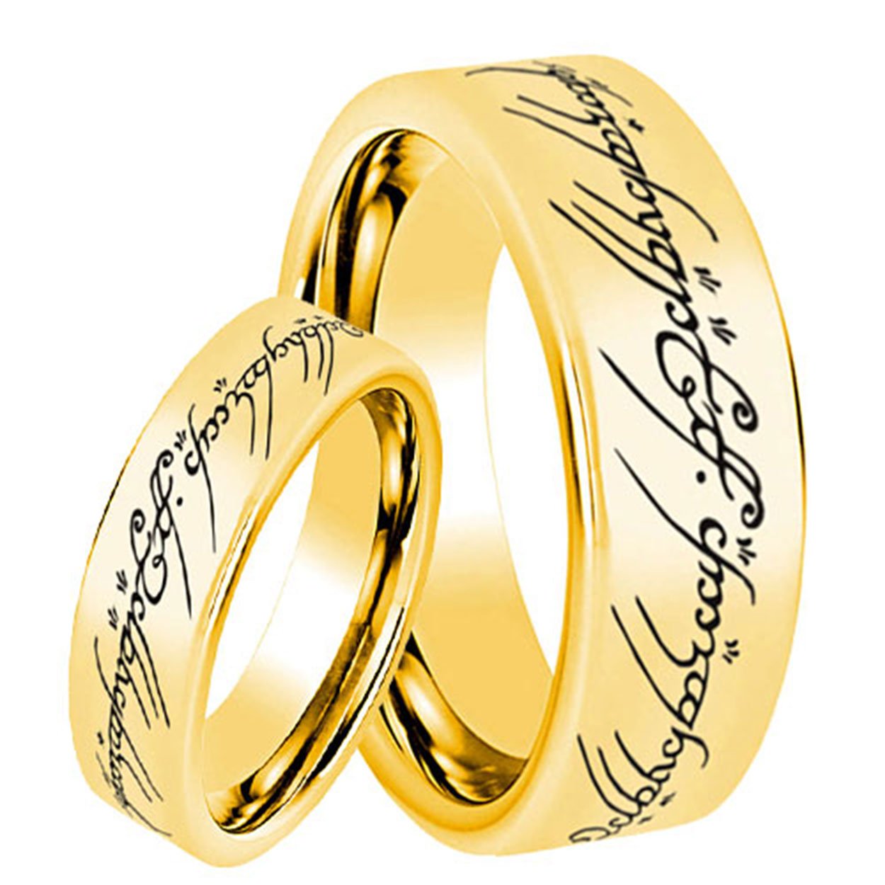 Lord of the Rings Pipe Cut Gold Tungsten His and Hers Engagement Ring Set
