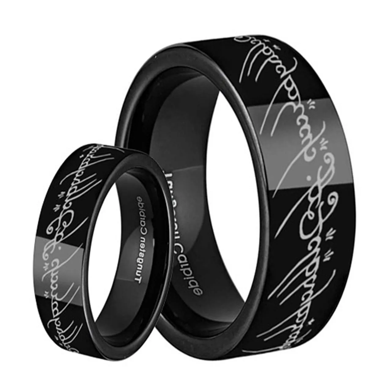 Lord of the Rings Pipe Cut Black Tungsten His and Hers Matching Ring Set