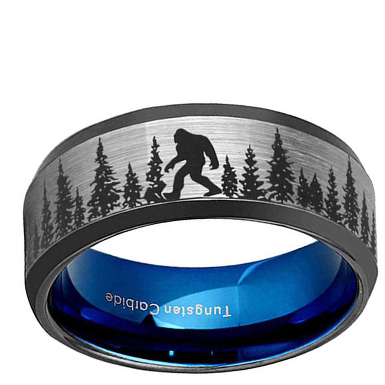 Bigfoot Sasquatch 8mm Beveled Edge Tungsten Ring Gray Blue