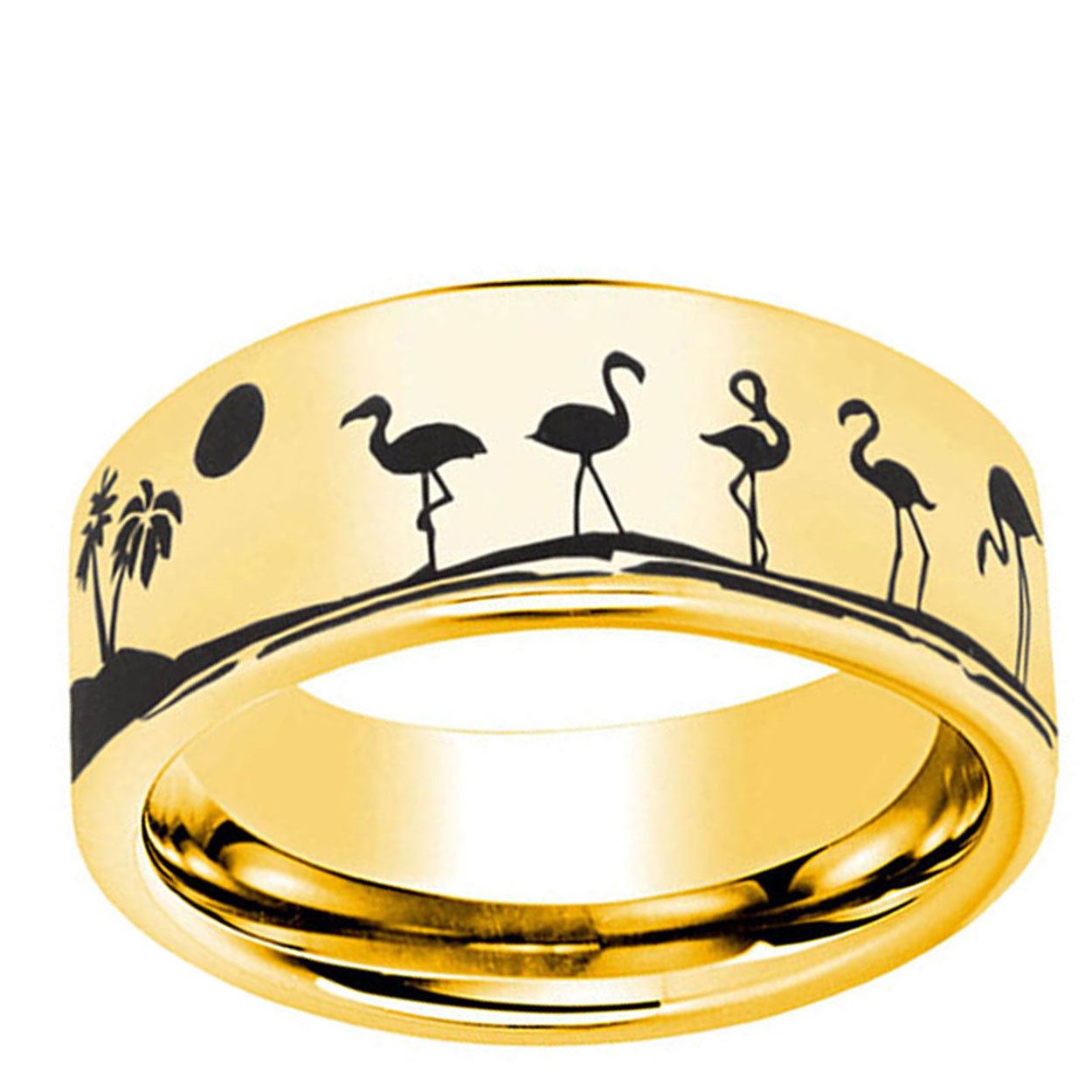 Flamingos Bird 8mm Pipe Cut Tungsten Ring Gold