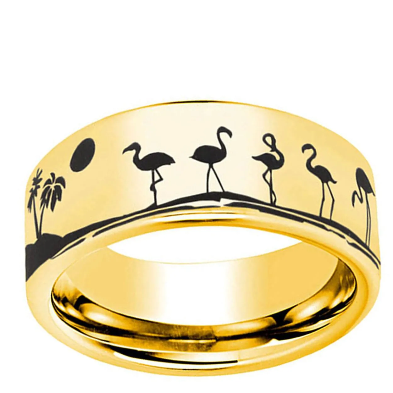 Flamingos Bird 8mm Pipe Cut Tungsten Ring Gold