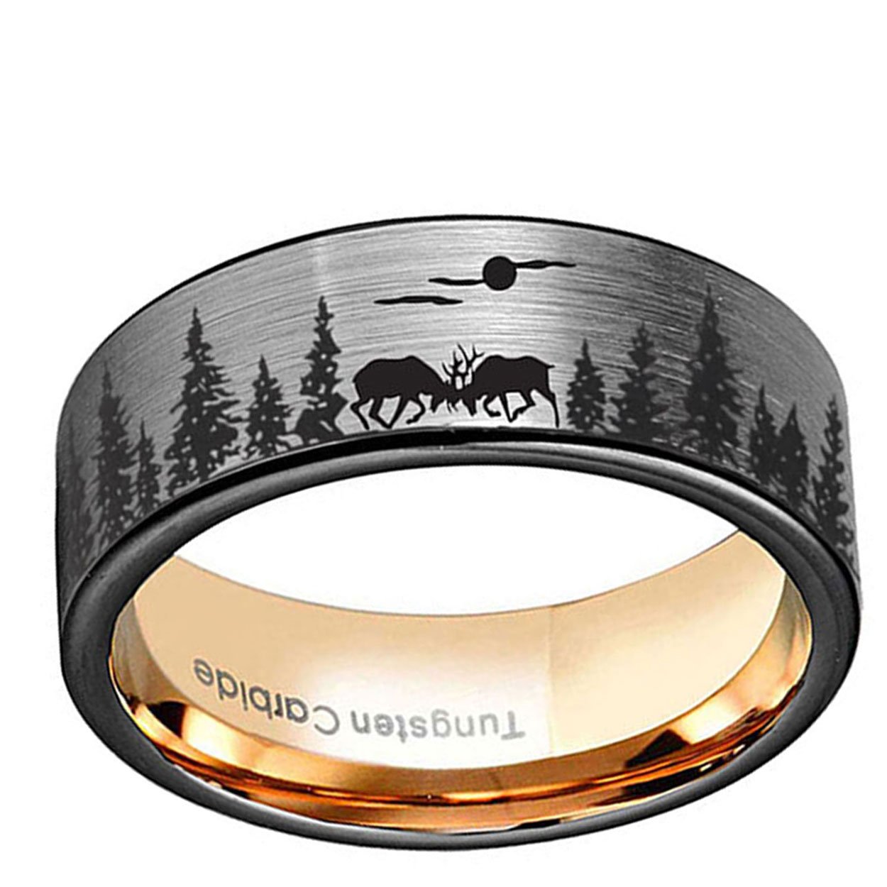 Moose Deer Forest 8mm Pipe Cut Tungsten Ring Gray Rose Gold