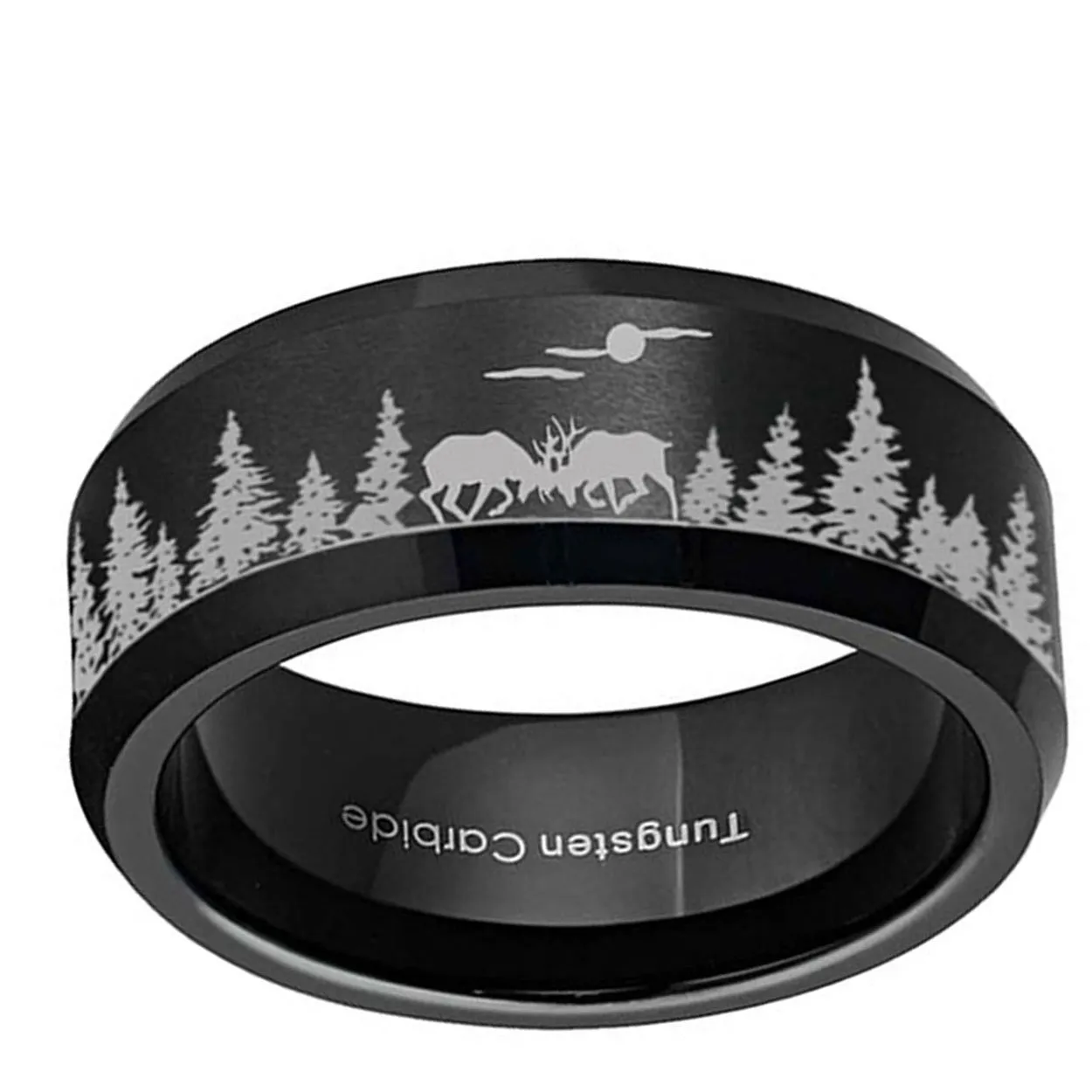 Moose Deer Forest 8mm Beveled Edge Tungsten Ring