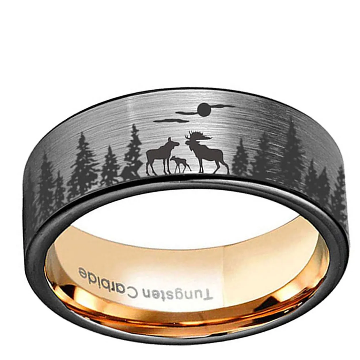 Deer Family Forest 8mm Pipe Cut Tungsten Ring Gray Rose Gold