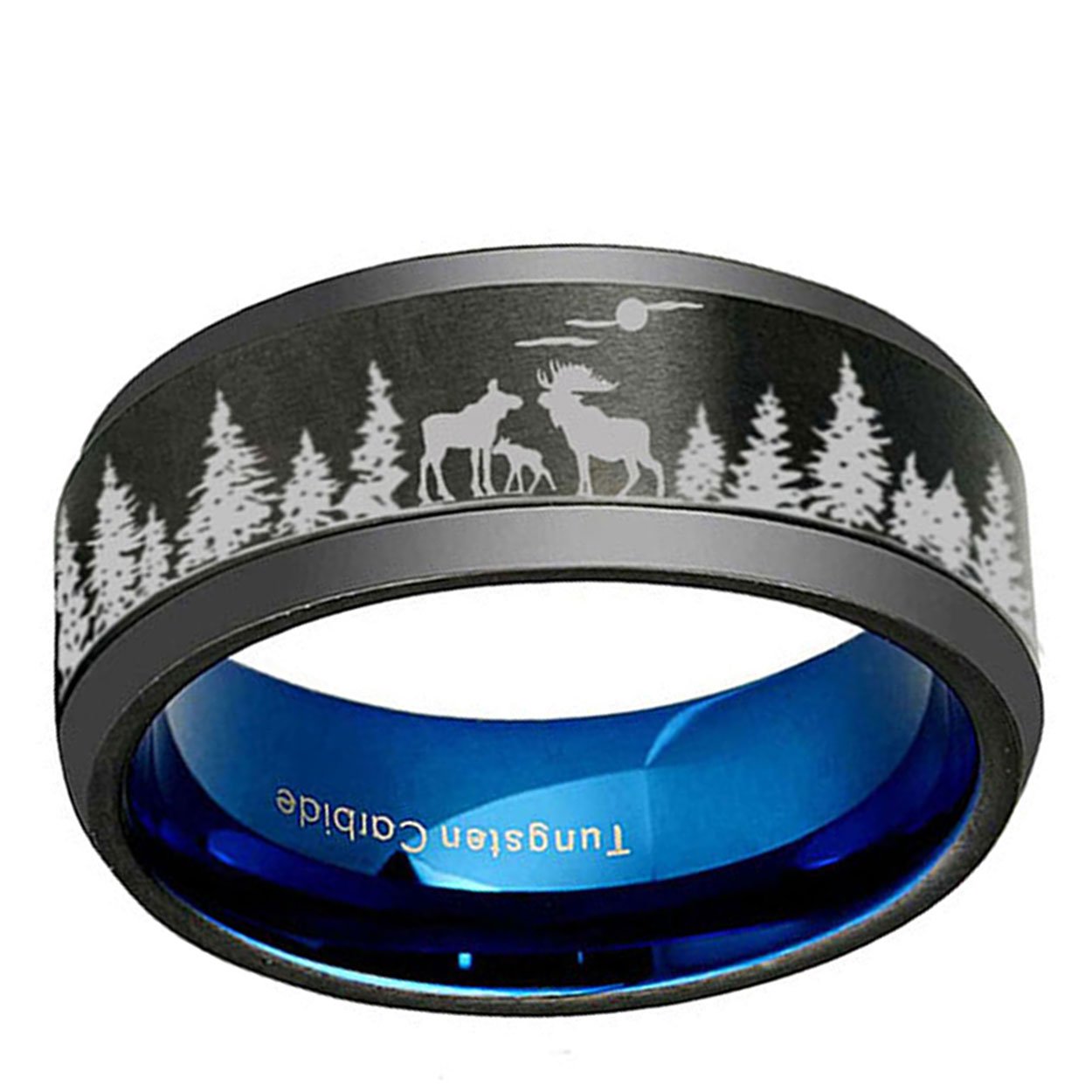 Deer Family Forest 8mm Beveled Edge Tungsten Ring Black Blue