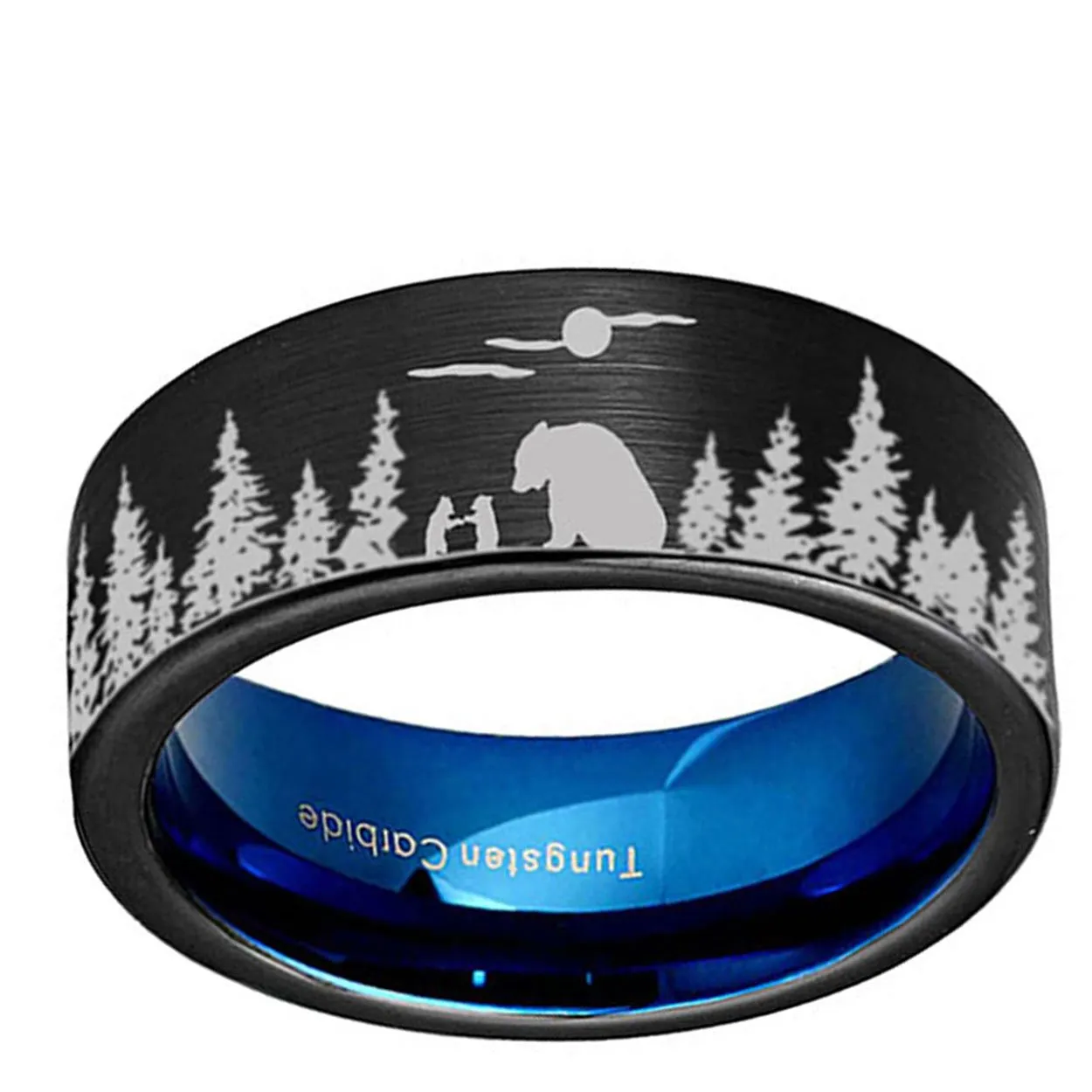 Bear Hunter Moon 8mm Pipe Cut Tungsten Ring Black Blue