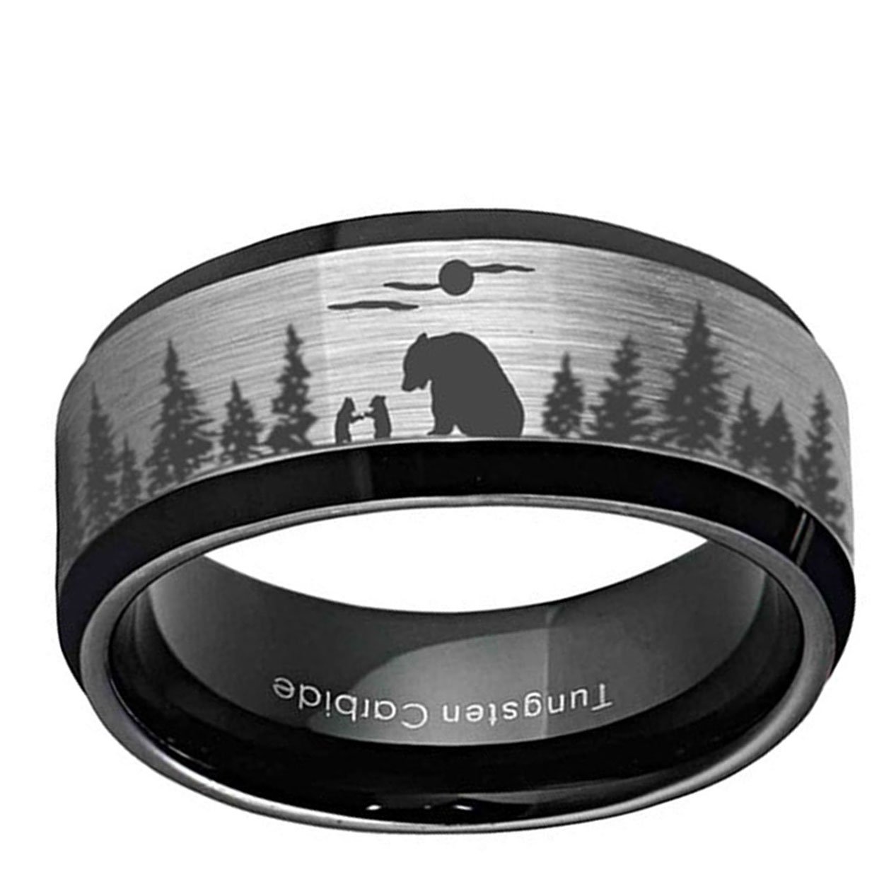 Bear Hunter Moon 8mm Beveled Edge Tungsten Ring Gray Black