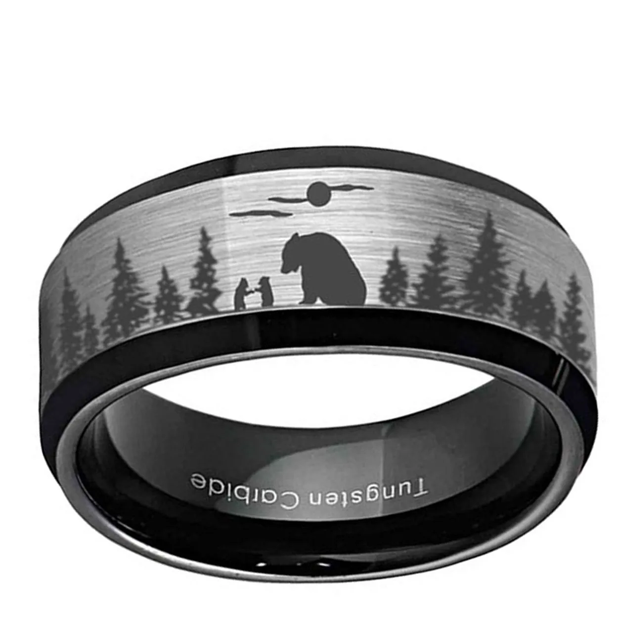 Bear Hunter Moon 8mm Beveled Edge Tungsten Ring Gray Black