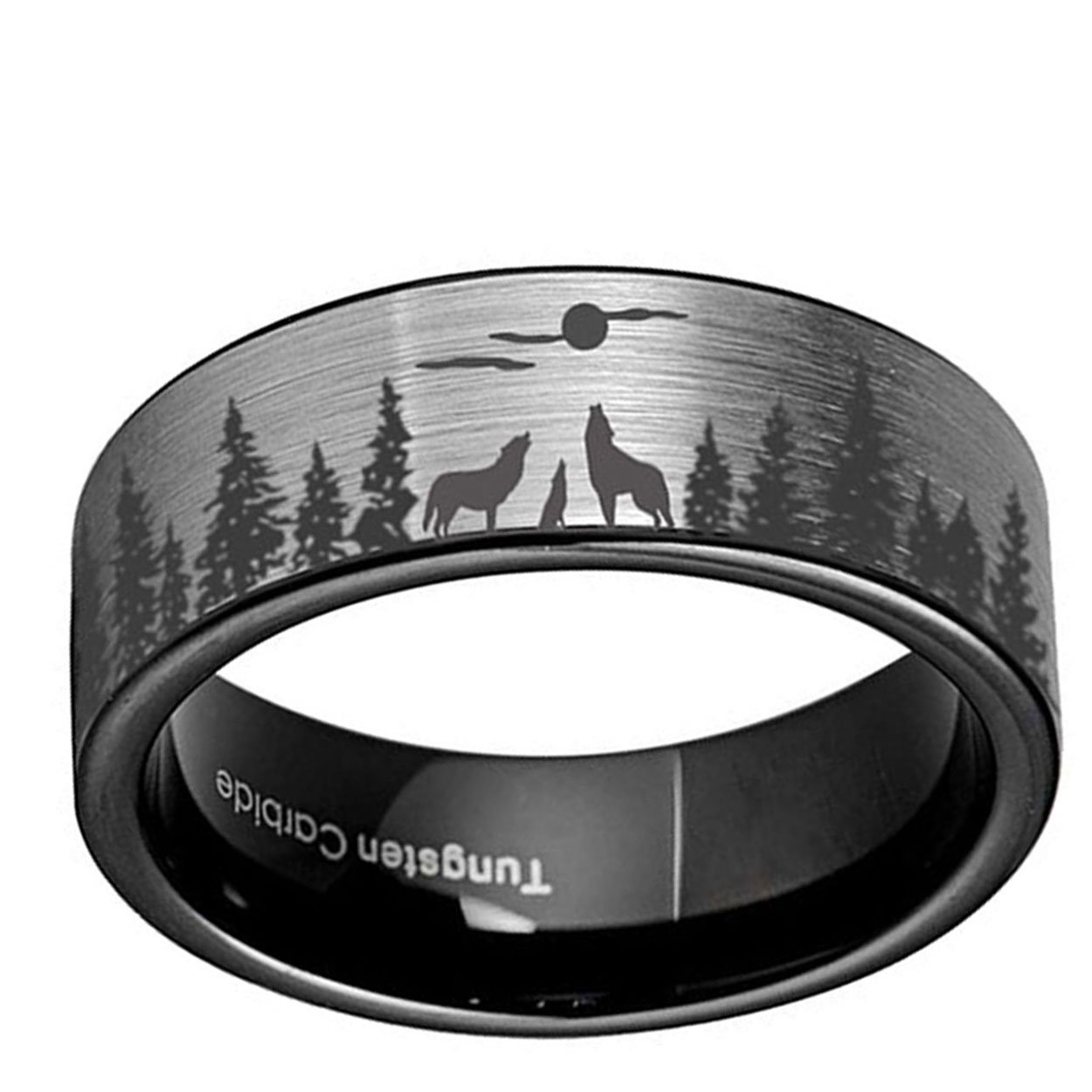 Howling Wolf Moon 8mm Pipe Cut Tungsten Ring
