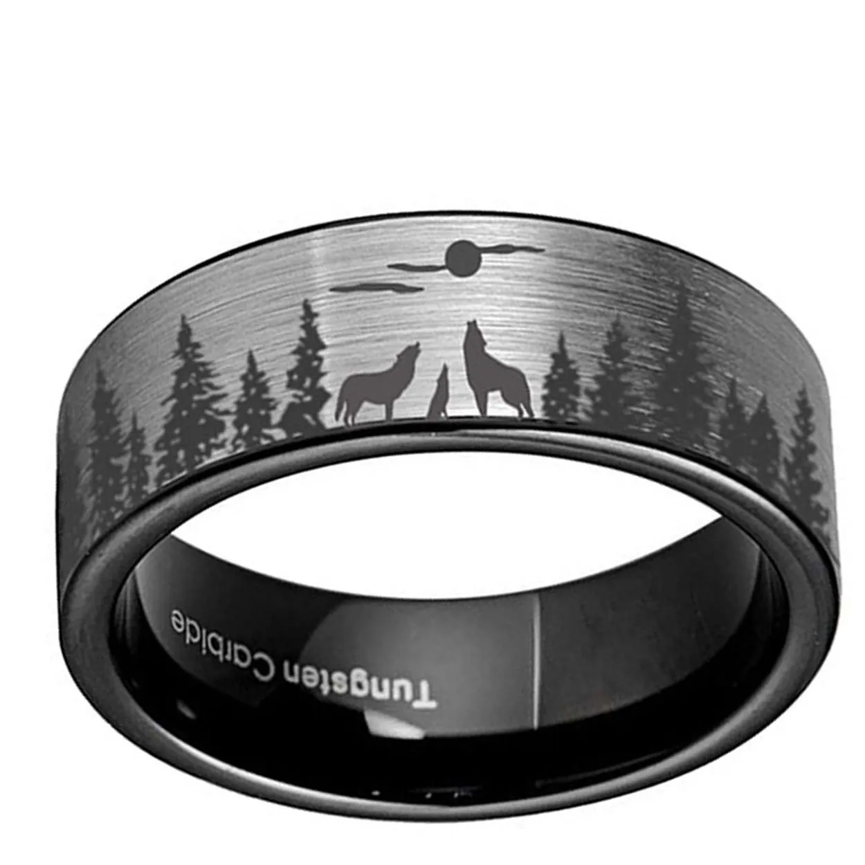 Howling Wolf Moon 8mm Pipe Cut Tungsten Ring