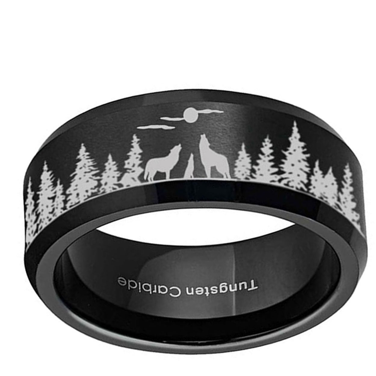 Howling Wolf Moon 8mm Beveled Edge Tungsten Ring