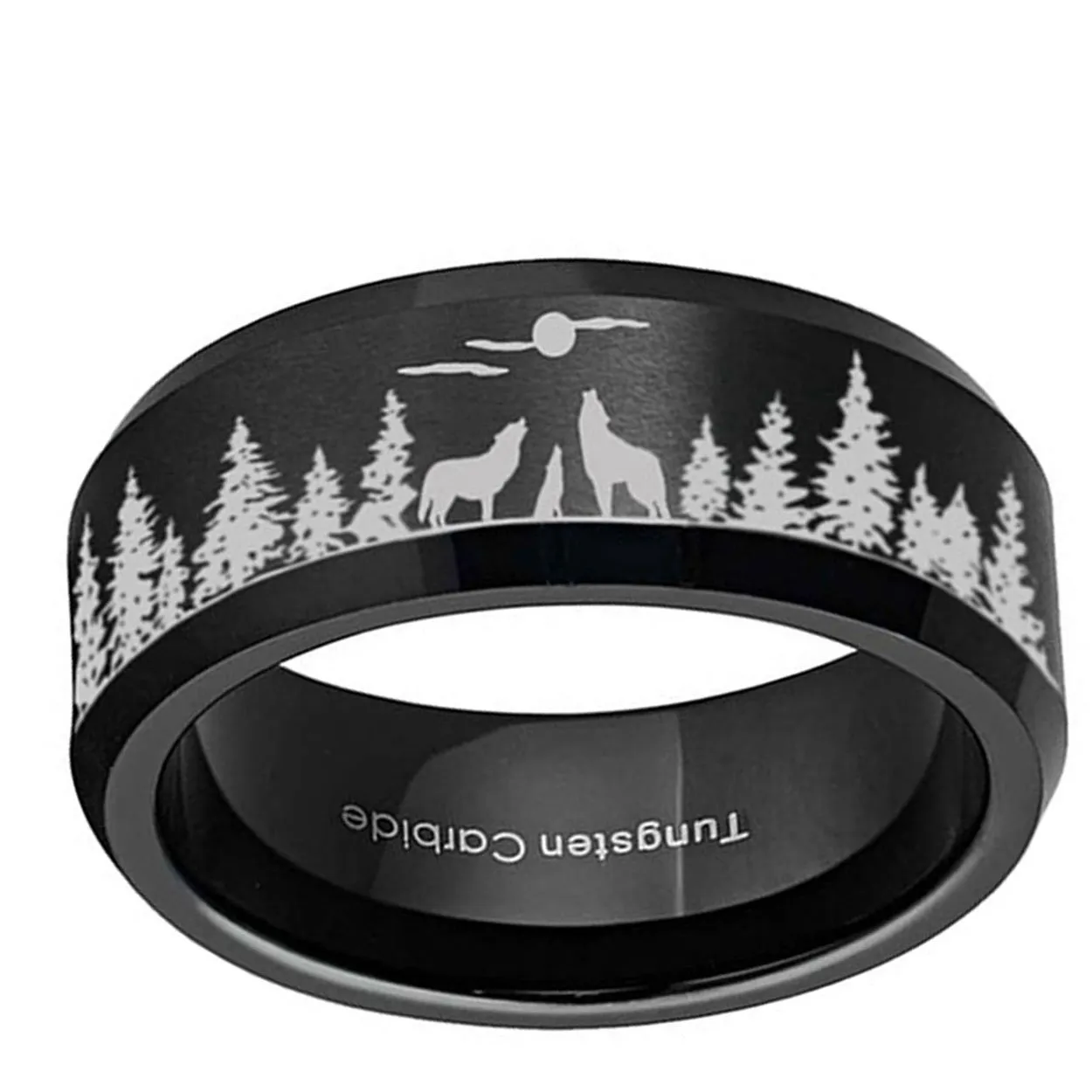 Howling Wolf Moon 8mm Beveled Edge Tungsten Ring