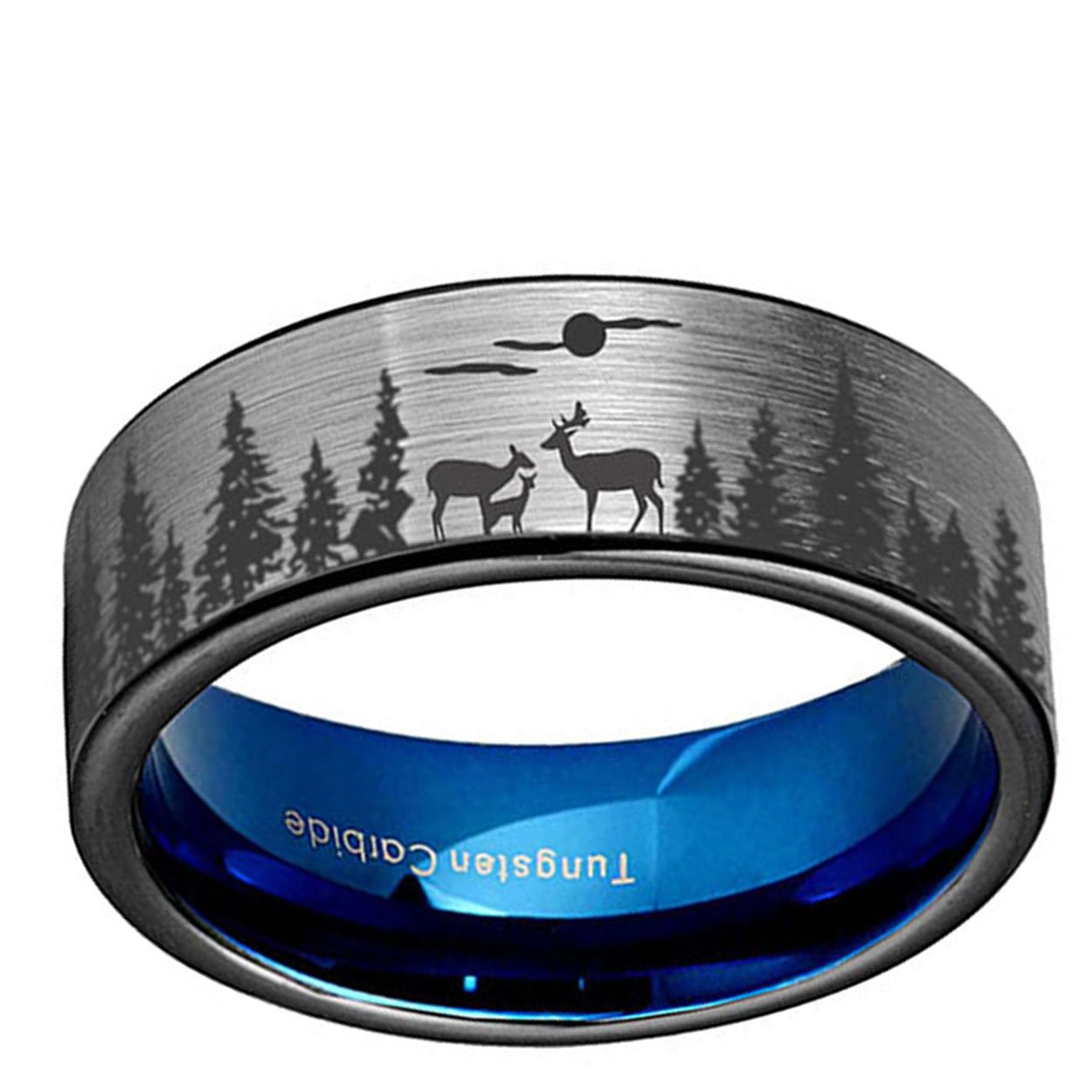 Deer Forest Moon 8mm Pipe Cut Tungsten Ring Gray Blue