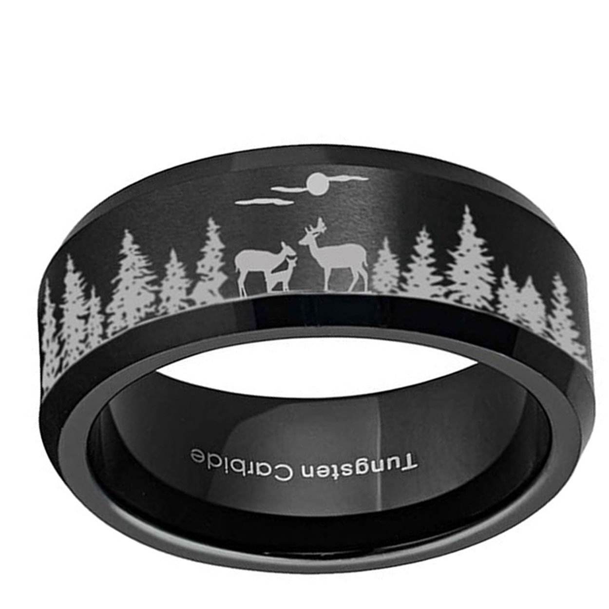 Deer Forest Moon 8mm Beveled Edge Tungsten Ring