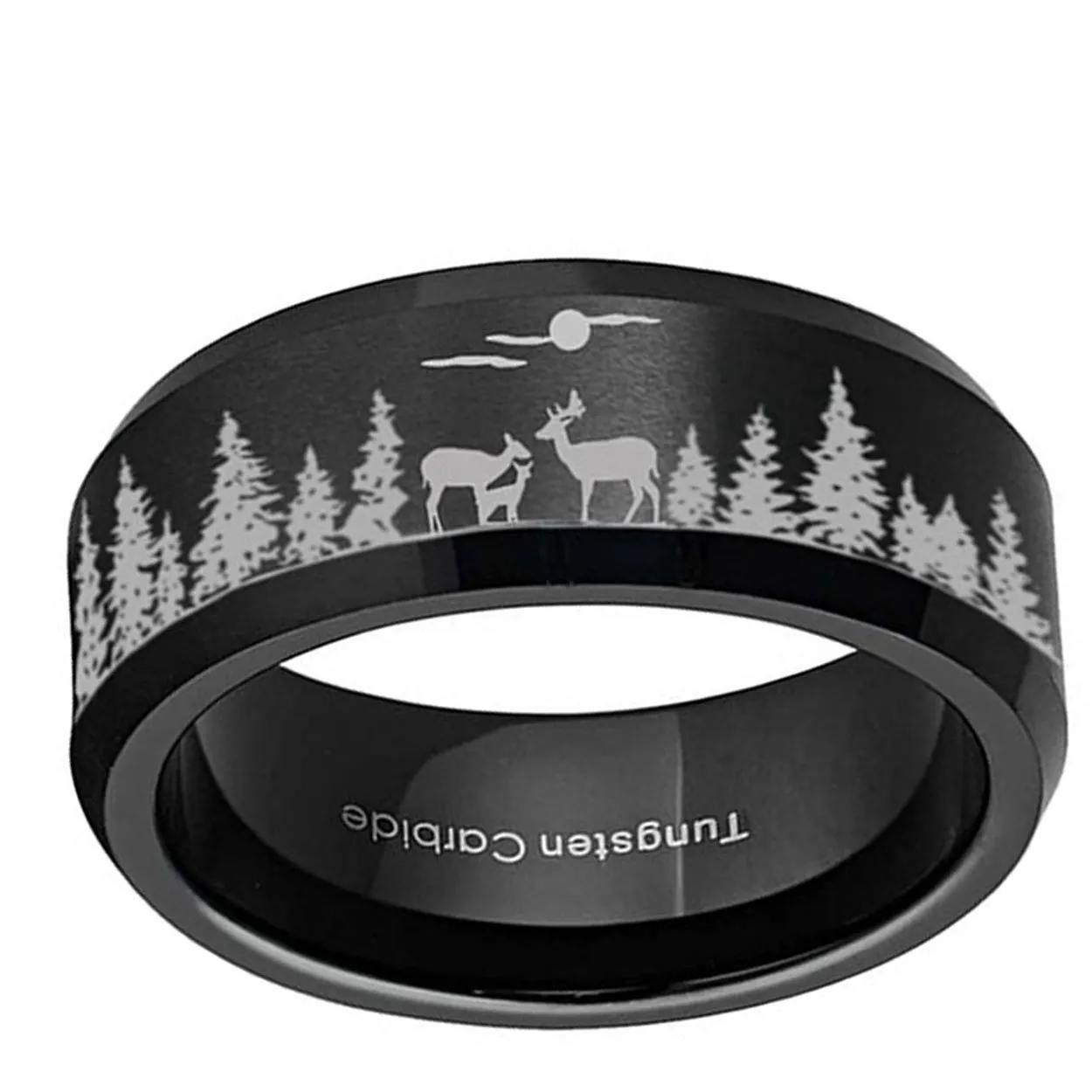 Deer Forest Moon 8mm Beveled Edge Tungsten Ring