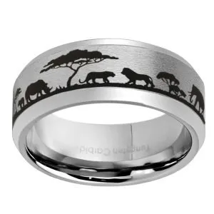 Safari African Animal 8mm Beveled Edge Tungsten Ring