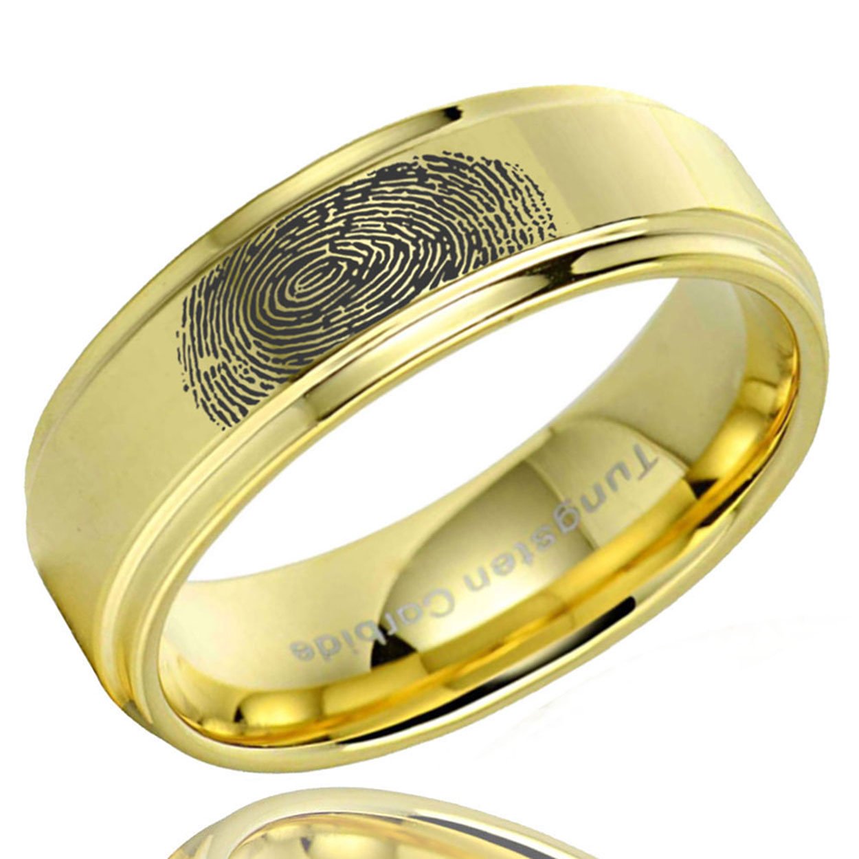 Gold Step Edge Tungsten Carbide Men's Band with custom fingerprint engraving