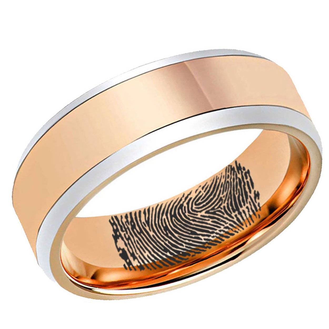 Rose Gold Beveled Edge Tungsten Carbide Custom Ring with custom fingerprint