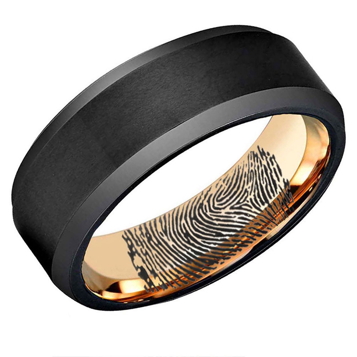 Black and Rose Gold Beveled Edge Tungsten Carbide Custom Band with thumbprint