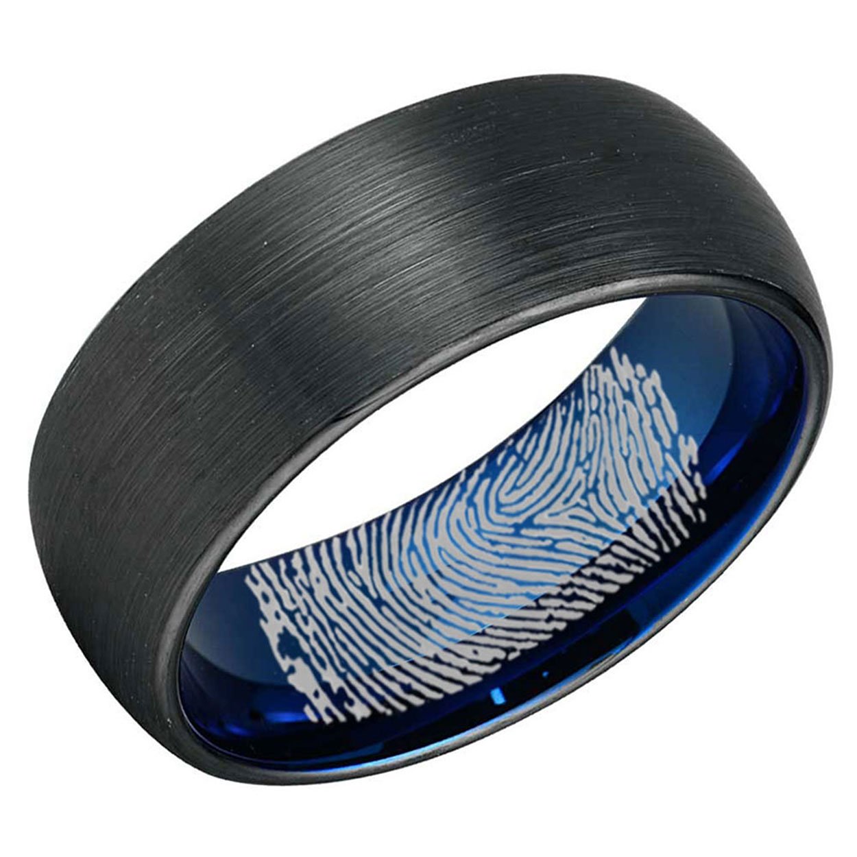 Black and Blue Dome Tungsten Carbide Anniversary Ring with custom fingerprint