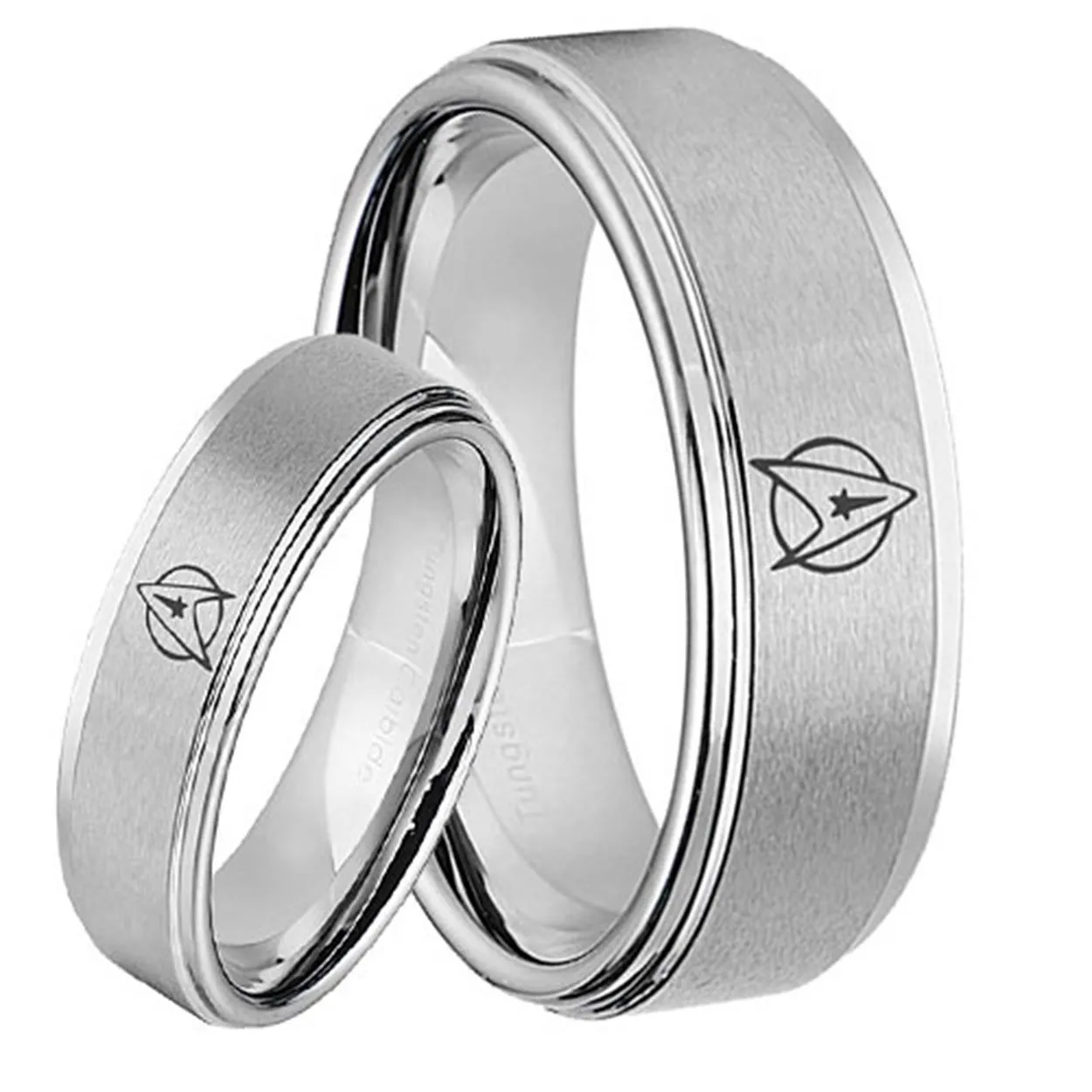 Star Trek Step Edge Silver Tungsten His and Hers Matching Ring Set