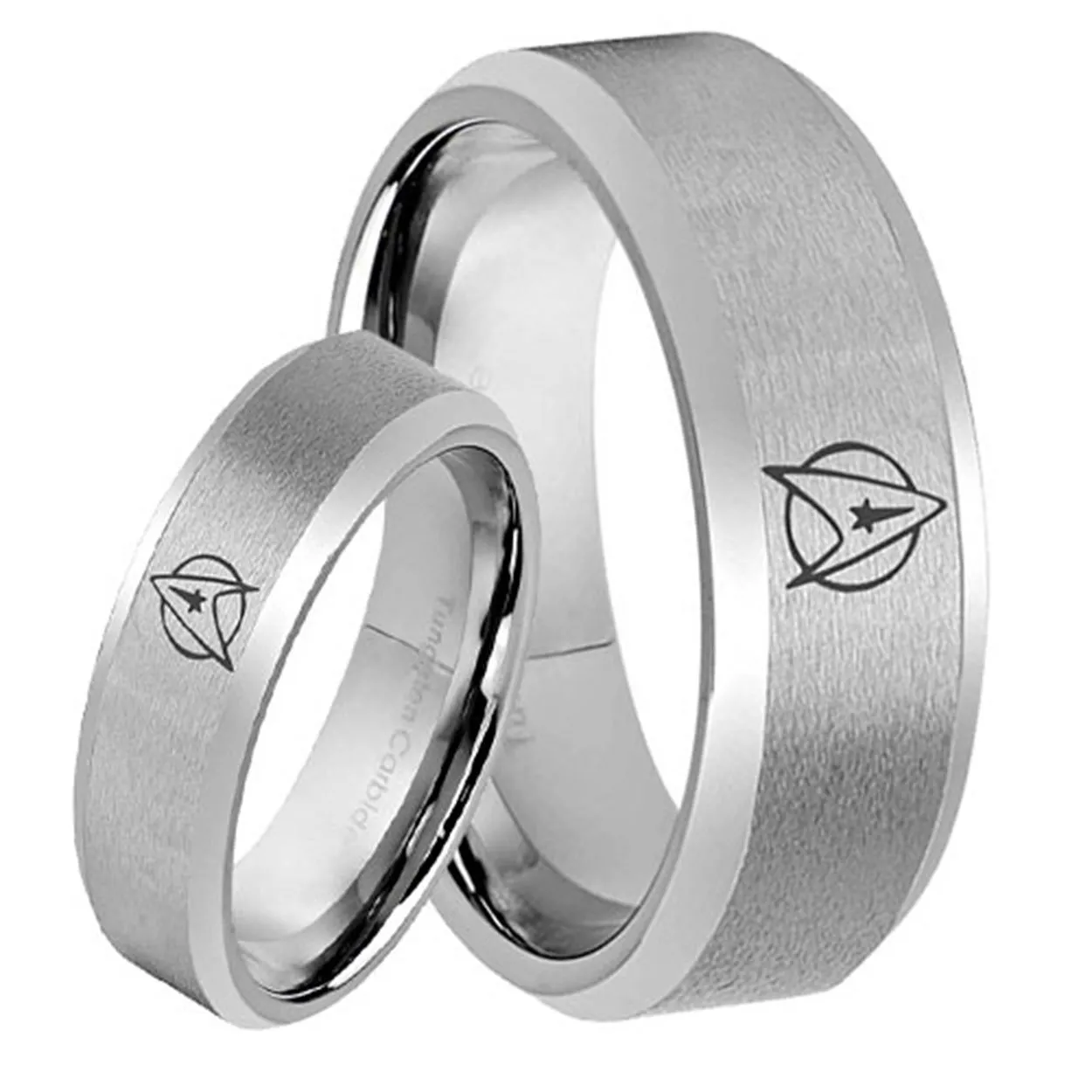 Star Trek Bevel Silver Tungsten His and Hers Matching Ring Set