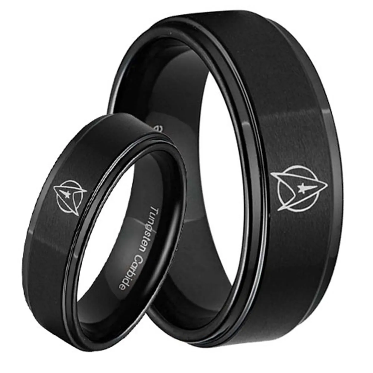 Star Trek Step Edge Black Tungsten His and Hers Matching Ring Set