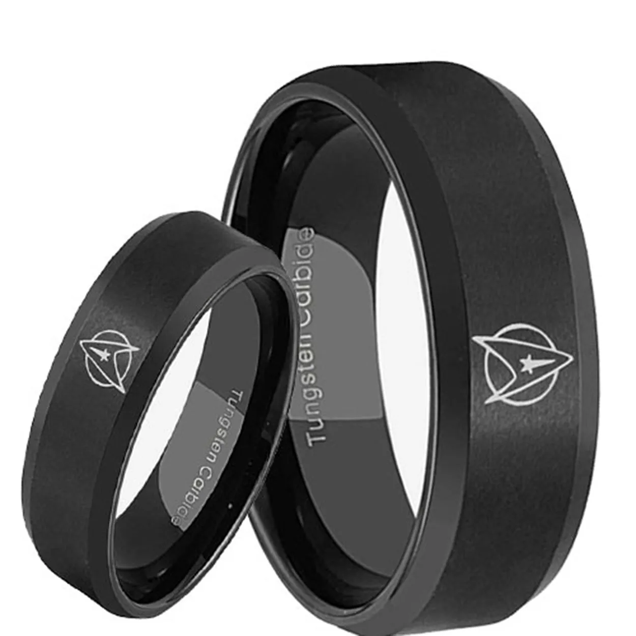 Star Trek Bevel Black Tungsten His and Hers Matching Ring Set