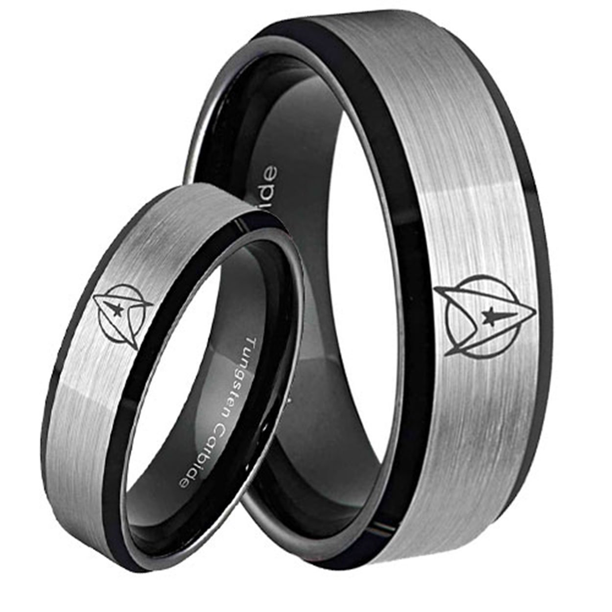 Star Trek Bevel Black Tungsten Couples Matching Ring Set